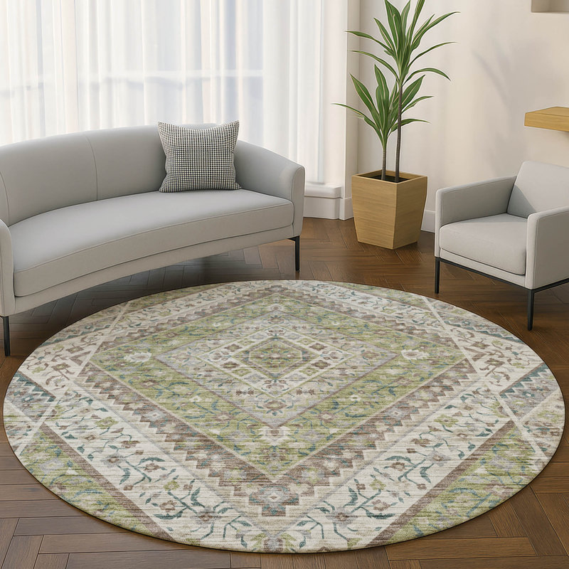 Premium Machine Washable Mayfield AMF2195 geometric Rug, Aloe, 8' Round