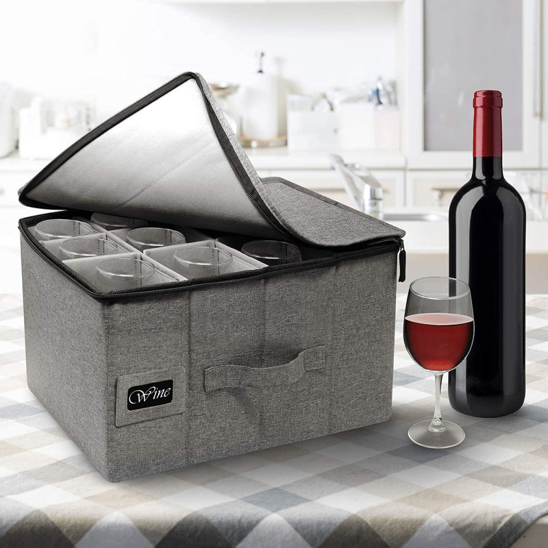 Gray Fabric Collapsible Stemware Storage Box with Dividers