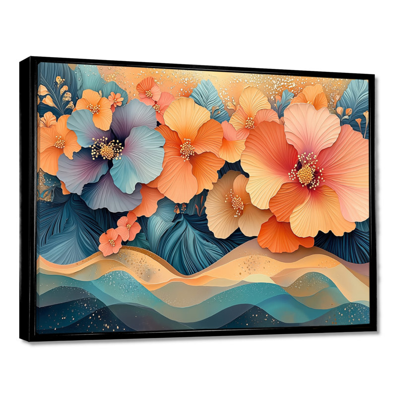 Hibisuc tropical dans une symphonie côtière I - Hibiscus, art mural, H 12 po x l 20 po, Avec cadre, Noir