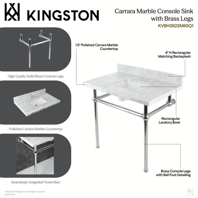 Kingston Brass Templeton 36-Inch Carrara Marble Console Sink with Brass Legs (8-Inch, 3-Hole), White/Matte Black