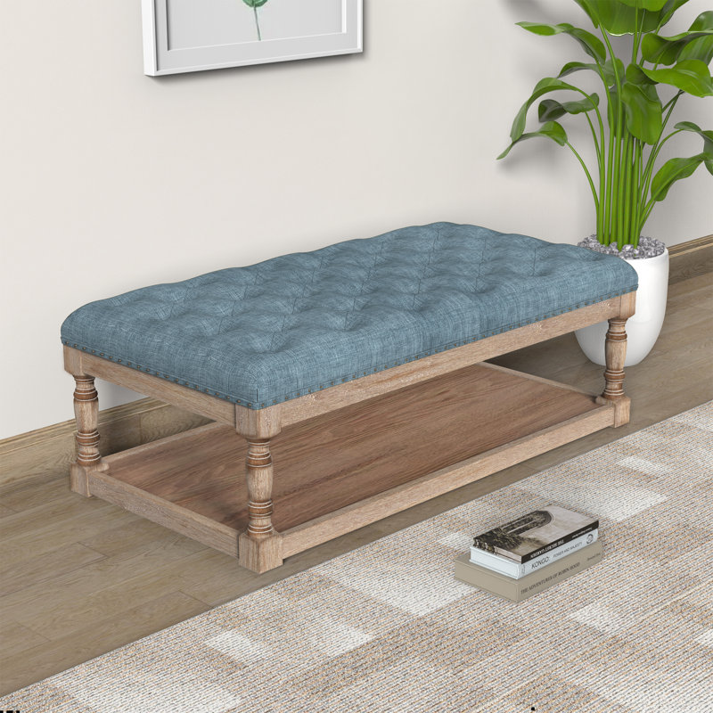 Upholstered Ottoman, Light Brown, Blue Linen Blend