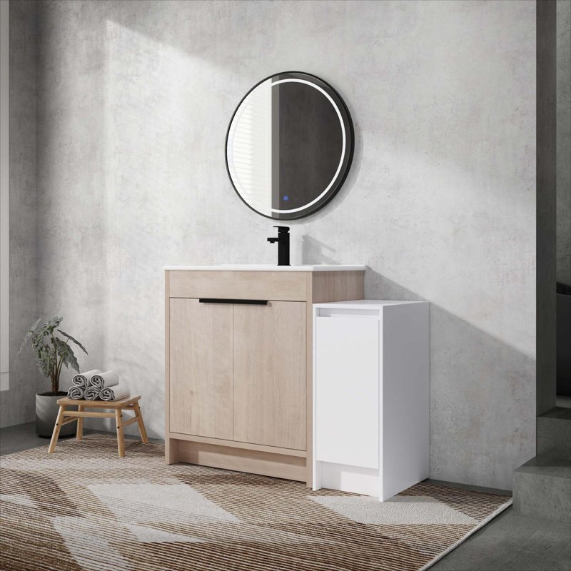 Meuble-lavabo autoportant avec lavabo en céramique et armoires de rangement, porte à fermeture douce
