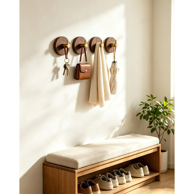 Patères murales en bois, porte-manteau en bois naturel, ensemble de 4, Brun