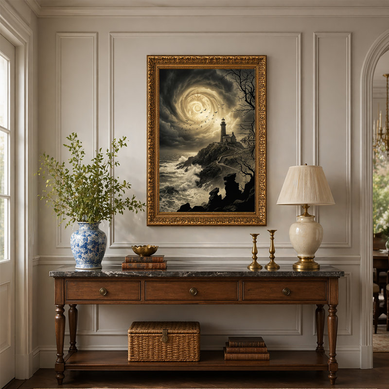 Art sur toile, "Phare sur une falaise orageuse avec lune tourbillonnante", 30"H x 20"W