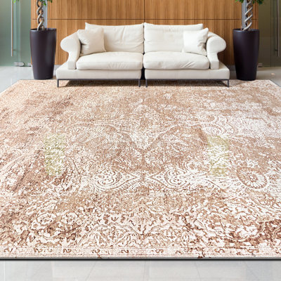 Tapis beige foncé et rosé de haute qualité noué à la main