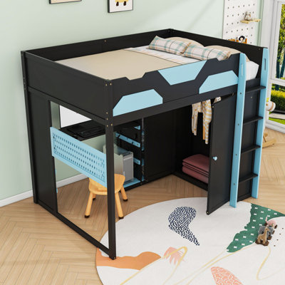 Wood Loft Bed with Desk, Shelves,USB and RGB Light
