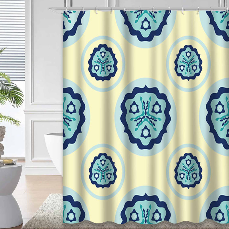 Rideau de douche décoratif à motif de médaillons géométriques bleu marine avec 12 crochets, L 72 po x l 72 po