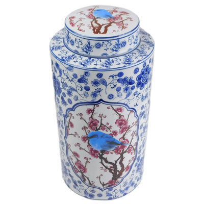 Pot en porcelaine blanc et bleu avec couvercle 16 po de hauteur
