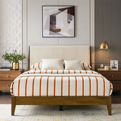 Lunaris Mid-Century Solid Wood Queen Platform Bed With Upholstered Headboard