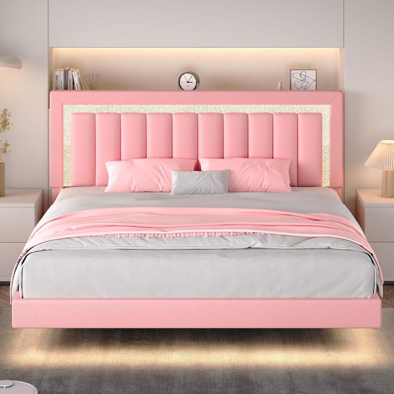 Floating Bed Frame with Smart LED Lights, Faux Leather Upholstered Platform Bed with Diamond PU Headboard, King, Pink