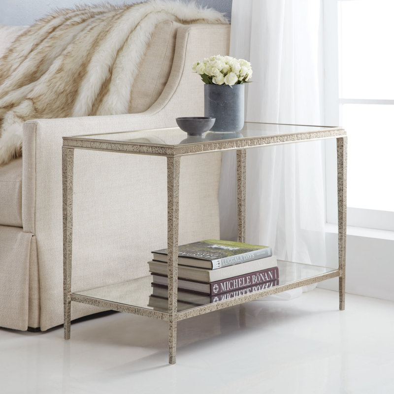 Glass Top End Table, Antique Aluminum
