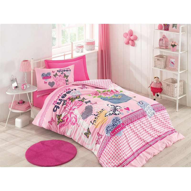 Ensemble de housse de couette 100% coton rose / bleu / noir Brunswick 3 pièces