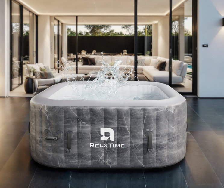 Relxtime Square Portable Hot Tub 2-4 Person With Hot Tub Cover And Non-slip Seats, Outdoor Inflatable Blow Up Spa With 120 Bubble Jets, Built In Heater Pump, 2 Filter Cartridges