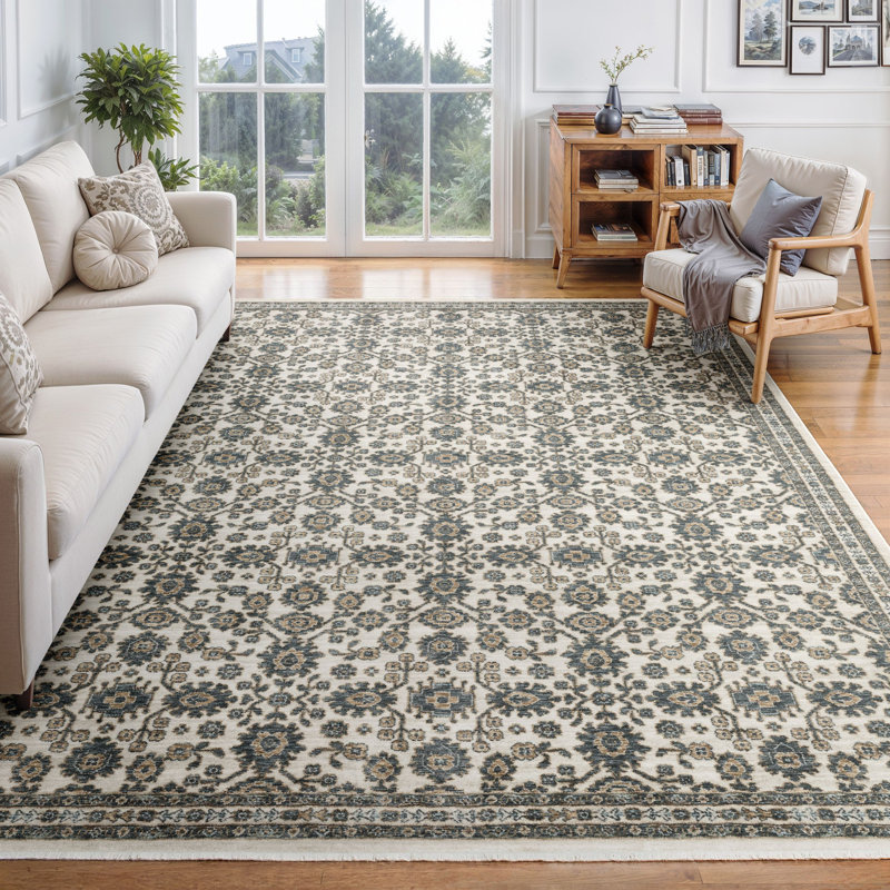 Ehlena Floral Oriental Ivory/ Blue Area Rug, Rectangle 5'3" x 7'9"