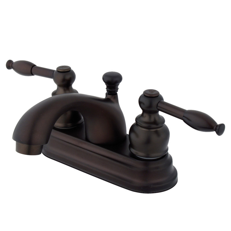 Kingston Brass Knight Two-Handle 3-Hole Deck Mount 4" Centerset Bathroom Faucet with Plastic Pop-Up, Oil Rubbed Bronze