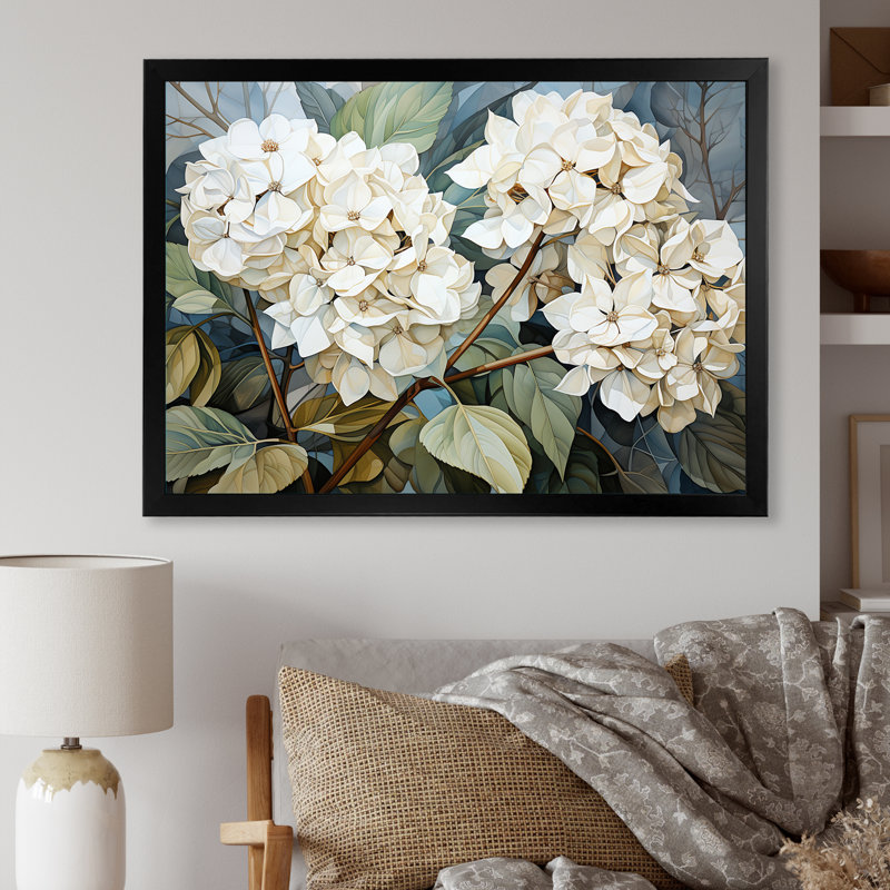 «Cubist Hydrangea L'interpretation» - art mural hortensia, H 24 po x l 32 po x P 1 po, Cadre simple noir