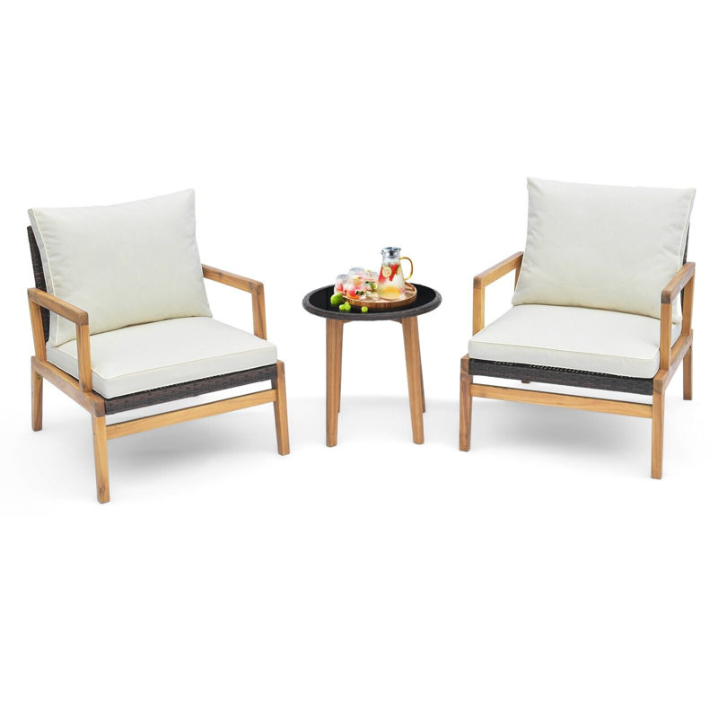 3 Piece Patio Conversation Set Wicker Chair & Side Table Set W/ Soft Cushions