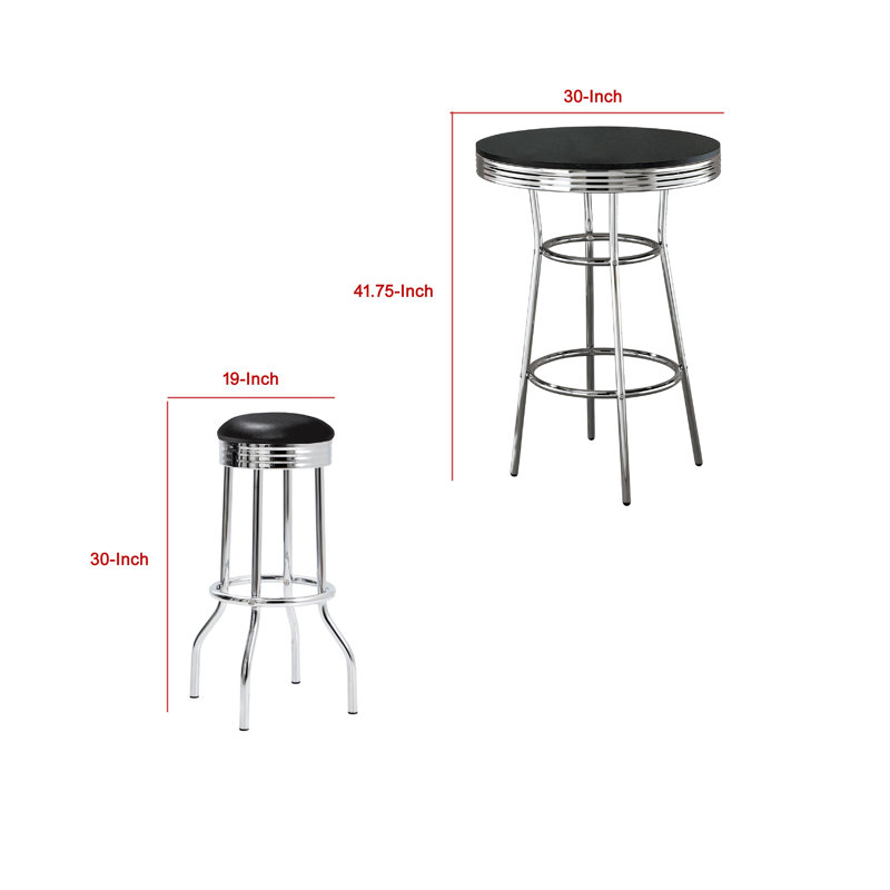 Loy 3 Piece Retro Bar Table Set, Round Top, 2 Stools, Chrome, Black