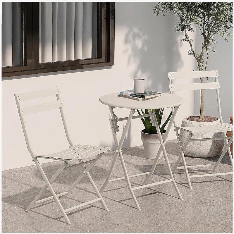 3 Piece Patio Bistro Set of Foldable Round Table and Chairs, White, White