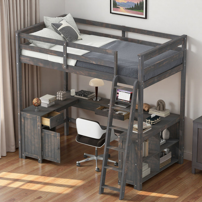 Lit mezzanine avec bureau en U, tiroirs, tablettes de rangement et armoire, Brun antique