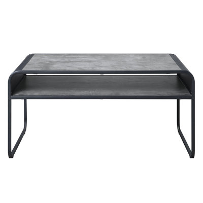 Stylish Concrete Grey And Black Coffee Table With Extra Storage Robust Metal Frame For Home Modern Strong