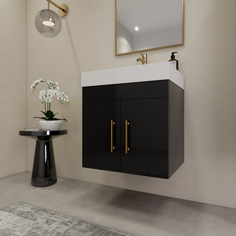 23.6" Wall-Mounted Single Bathroom Vanity Set, Glossy Black