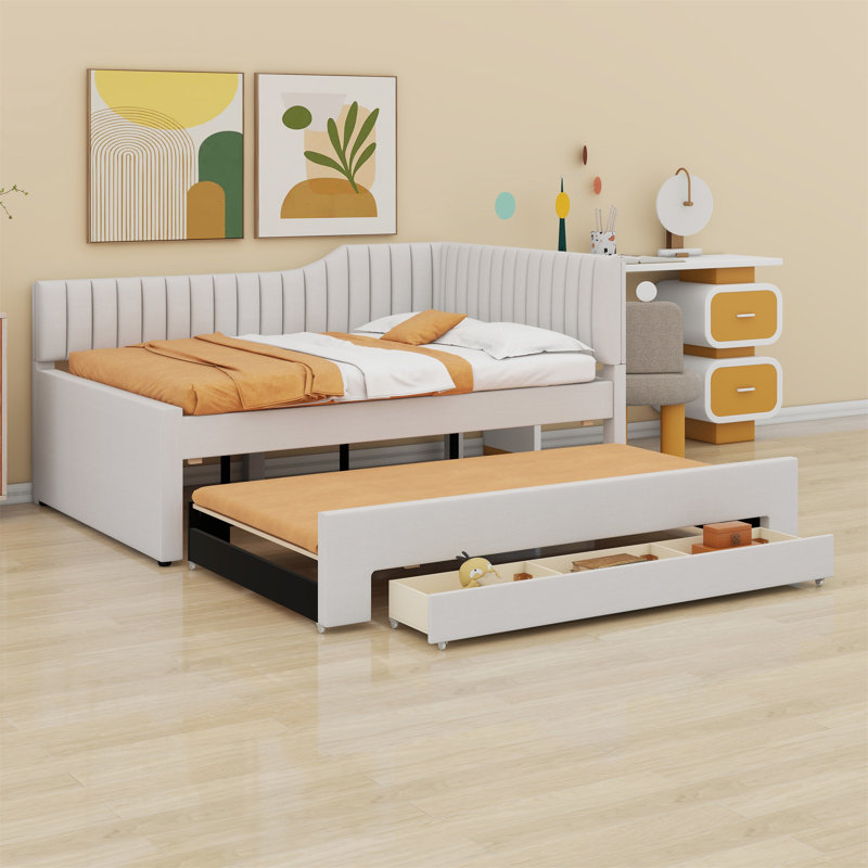 Lit de jour rembourré avec lit gigogne et trois tiroirs, Beige, Double