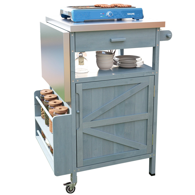 Mavis  40.5" Rustic Outdoor Grill Cart With Stainless Steel Top And Drop-Leaf Extension, Blue+Grey