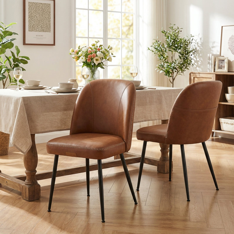 Mid-Century Modern Upholstered Dining Chairs, Synthetic Leather With Storage Pocket, Brown