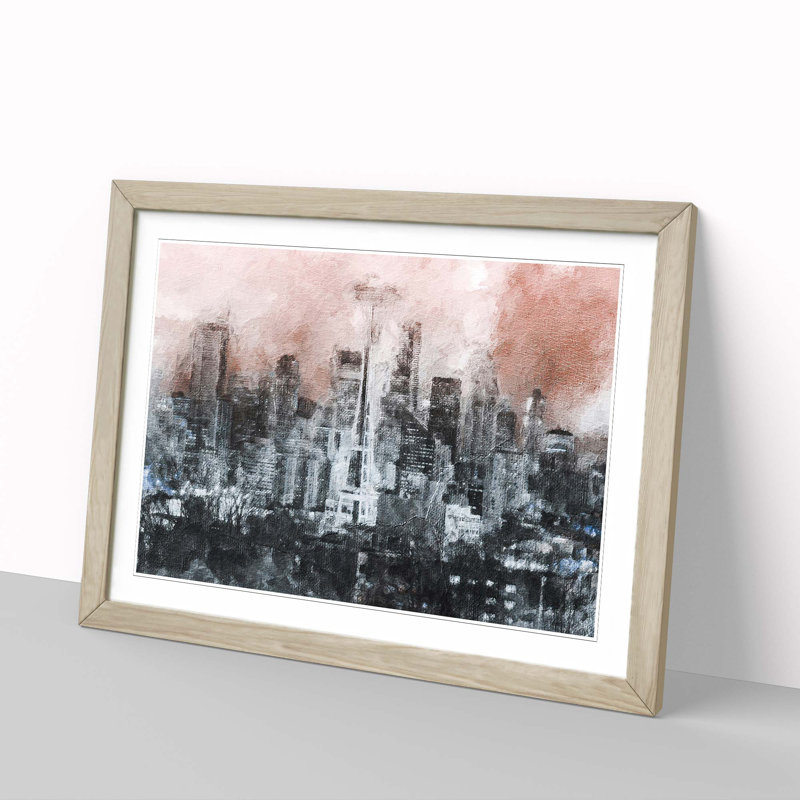 Seattle Washington Skyline in Abstract - Picture Frame Painting Print, Oak Framed, 27cm H x 36cm W x 2cm D
