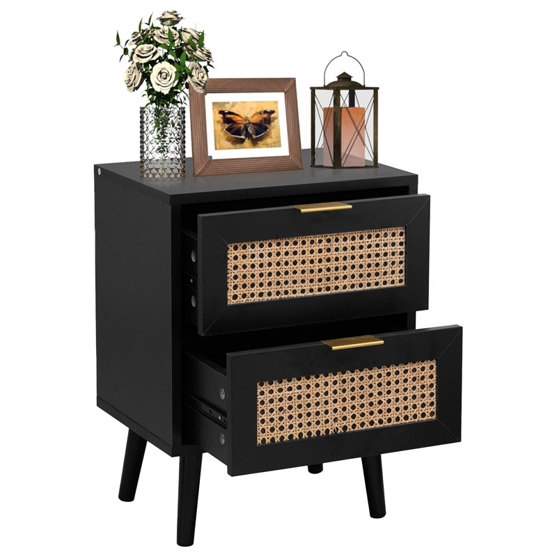 Alexjandro Black Rattan Bedside Table with 2 Drawers - Bedside Cabinet for Bedroom & Living Room (W40 x D30 x H52cm)
