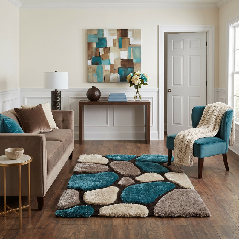 Tapis à poil long bleu / beige Banas, Rectangle 5 pi x 7 pi