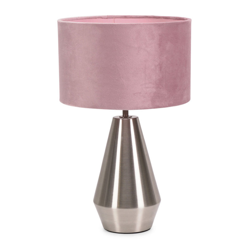 Jax Metal Dimmable Touch Table Lamp with Velvet Drum Shade with LED Bulb, Silver, Blush Pink