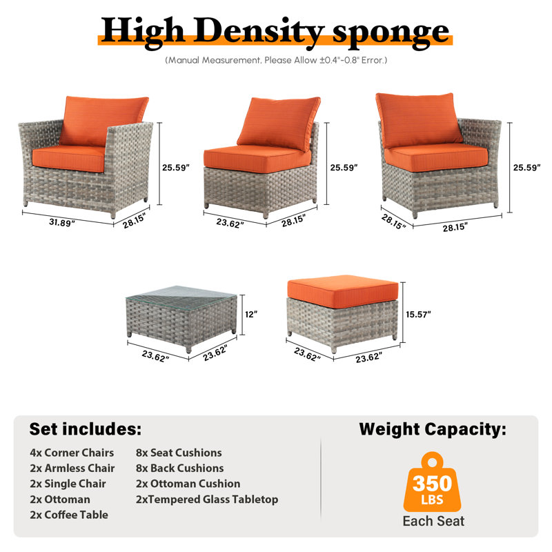12- Piece No - Assembly Wicker Outdoor Patio Furniture Set with ottoman.include Cushions and table, Orange