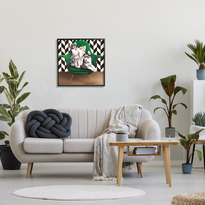 Hipster Dogs Green Mod Chair Modern Room Interior, H 24 po x l 24 po x P 1,5 po, Giclée encadrée noir minuit
