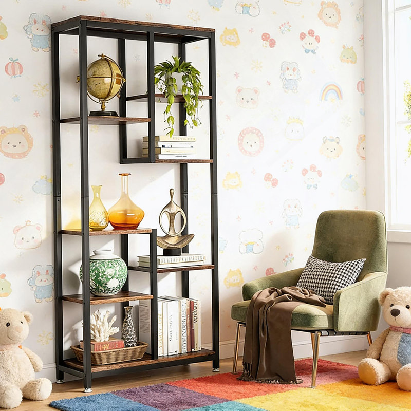 Stylish Industrial Bookshelf With 8 Staggered Shelves, Ideal For Home Decor And Versatile Storage Solutions