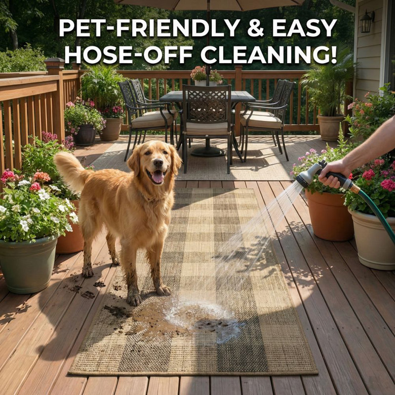 Custom Size Indoor Outdoor Runner Rug (26' x 3' Runner) - Alto Heritage Natural Beige Squares Pet Friendly Flatweave