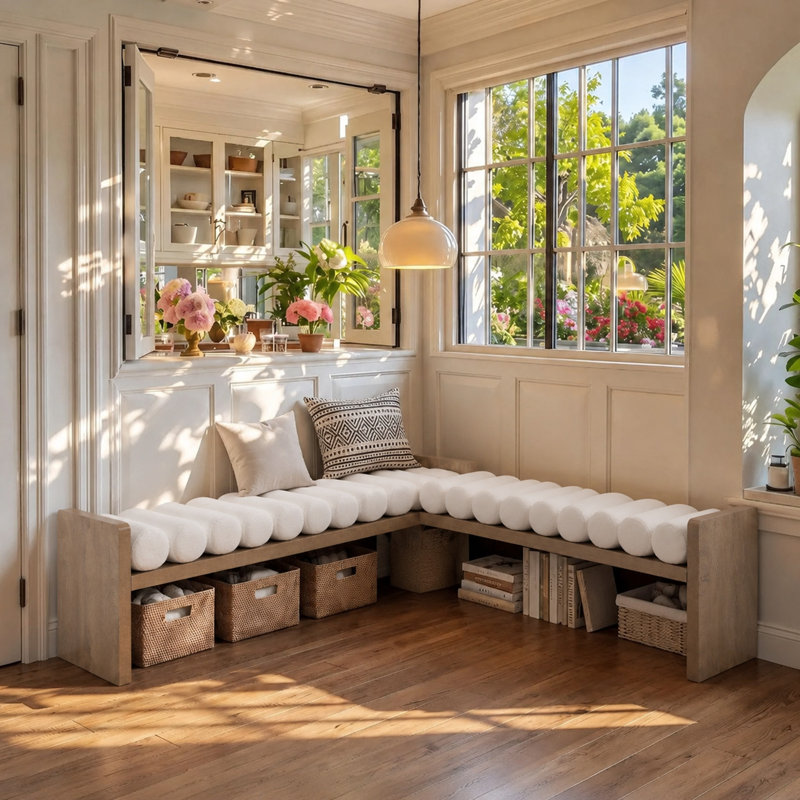 Banc à chaussures d'angle en forme de L de 150 cm avec coussin moelleux, banc moderne pour entrée ou vestibule.