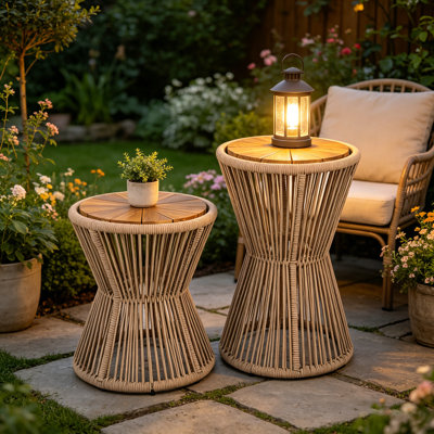 Ensemble de 2 tables d'appoint d'extérieur avec bois d'acacia et corde tissée