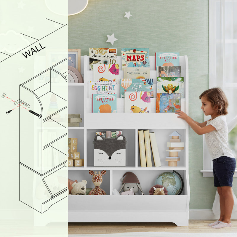 46.7"h X 42.3"w Toy Storage Organizer, Multifunctional Wood Bookcase With 4 Display Shelves And 7 Storage Bins, Cube Book Shelf  For Playroom, White