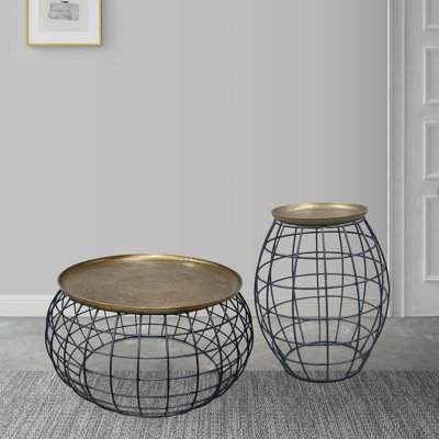 Belles Milo 2-Piece Coffee Table And End Table Set - Round Antique Brass Tray Top With Curved Cage Design Black Iron Base