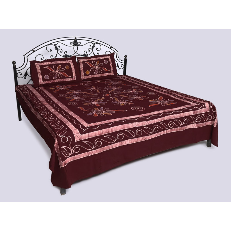 Ensemble de couvre-lit de grande taille en coton imprimé avec taies d'oreiller Exotic India, Marron floral