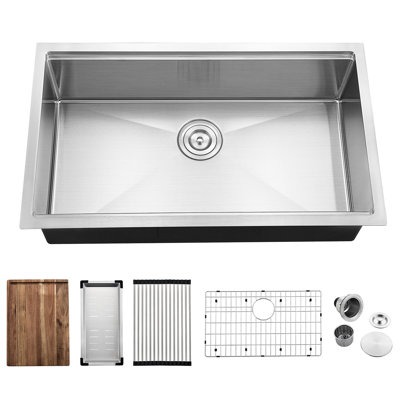 Évier de cuisine 304 en acier inoxydable 304 à cuve simple 32 po avec station de travail et grille