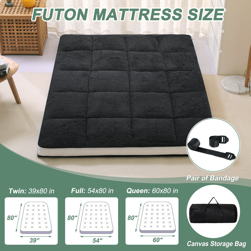 Paoli Japanese Floor Mattress, 4" Thick Sherpa Fleece Futon Mattress, Roll Up Sleeping Pads, Reversible and Portable Folding Foam Floor Bed Tatami Mat