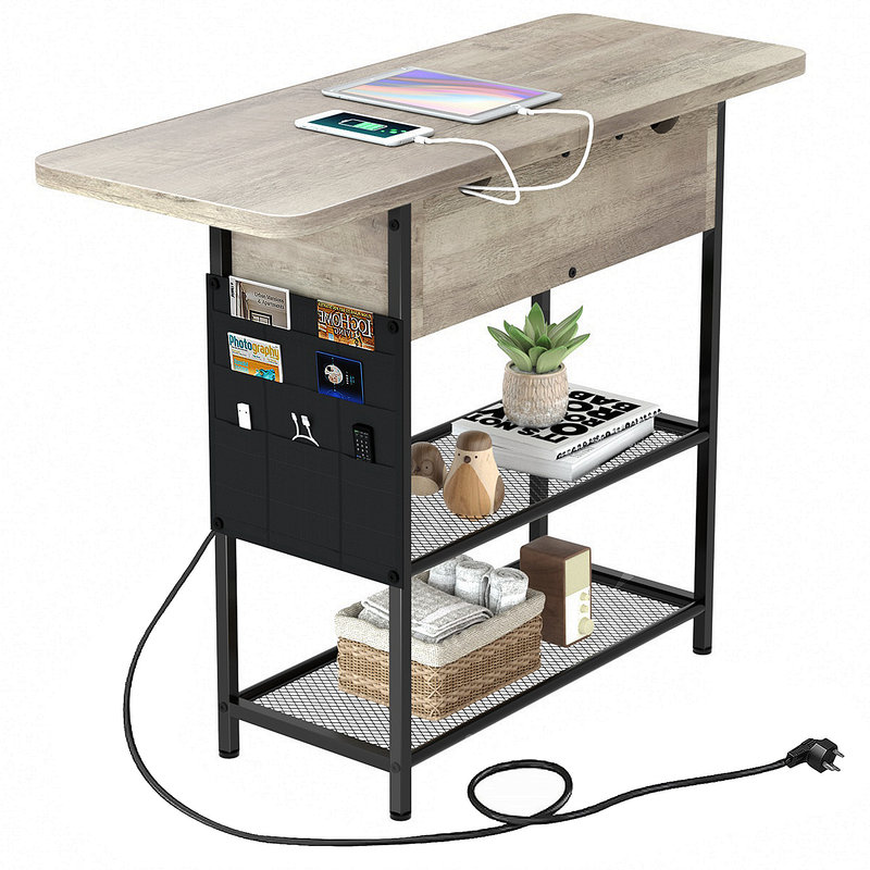 Hogsett End Table Storage and USB Ports & Power Outlets With Side Pockets, Cream