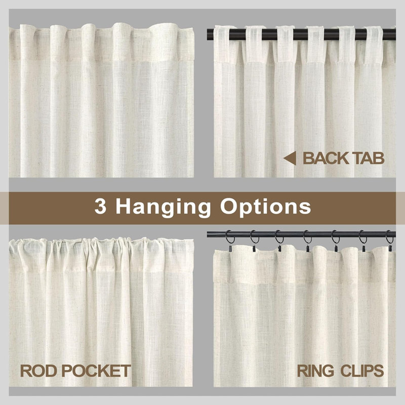 Natural Linen Back Strap Curtains 84" Length for Living Room 2 Panel Pocket Drape Curtains
