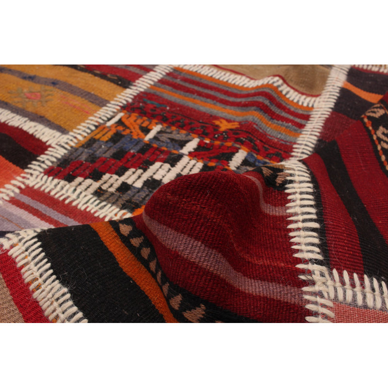 Tapis rouge / noir / orange en laine tissé à la main de conception unique 7 pi 7 po x 10 pi 2 po Zilla