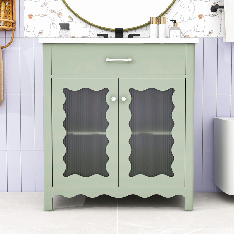 Meuble-lavabo de salle de bain avec lavabo, portes en verre trempé et rangement à fermeture en douceur, Vert