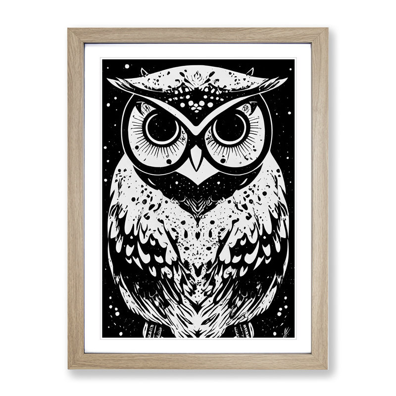 Monochrome Owl - Framed Print, 64cm H x 46cm W x 2cm D, Oak