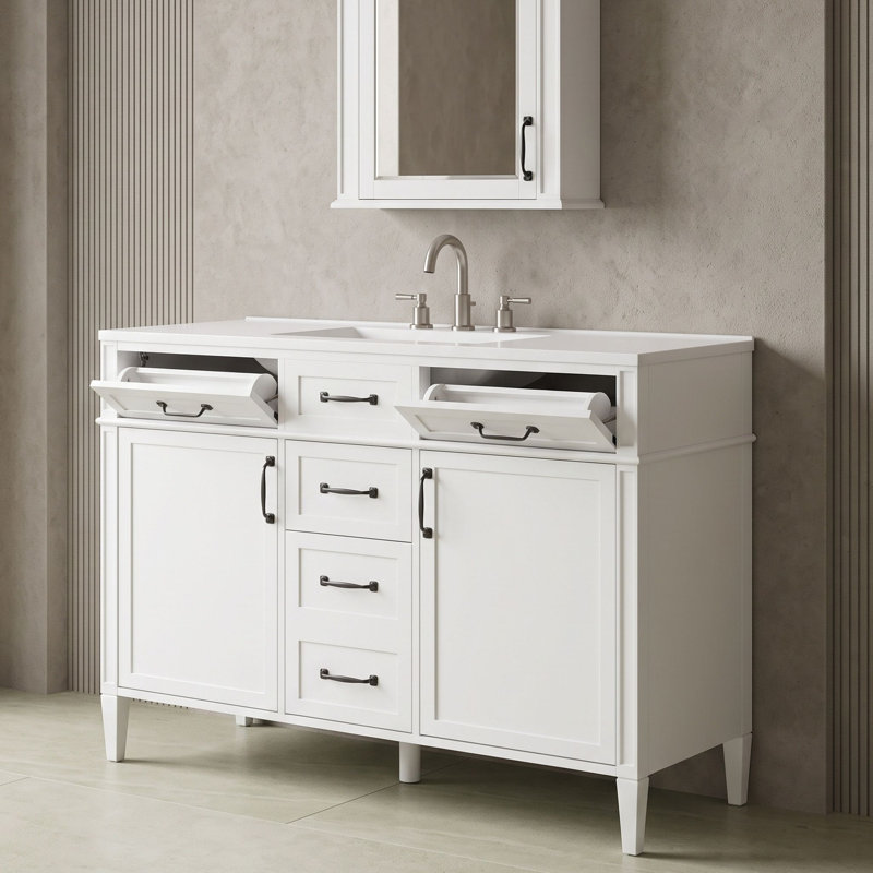 Armoire de meuble-lavabo 48 po avec lavabo, tablettes réglables, 4 tiroirs et 2 portes à fermeture en douceur, White